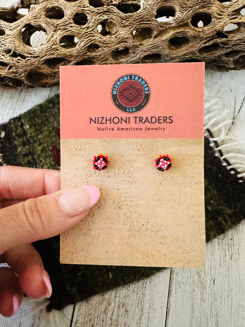 Navajo Handmade Beaded Stud Earrings- pink