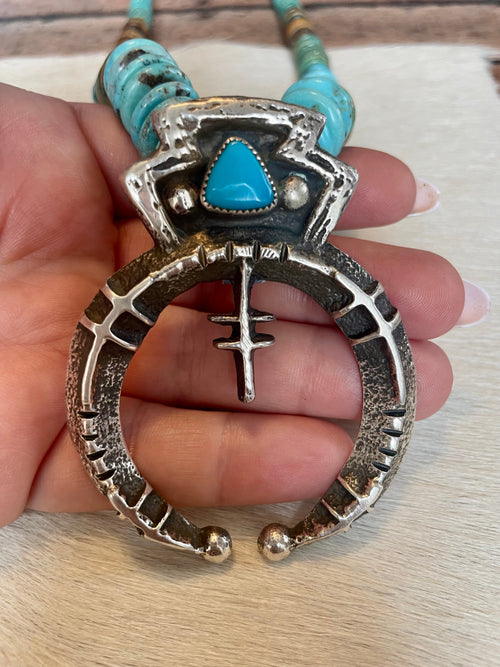 Navajo Kingman Turquoise And Sterling Silver Beaded Naja Adjustable Necklace