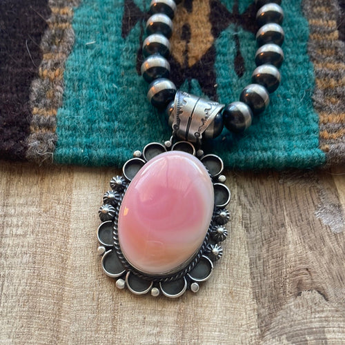 Navajo Queen Pink Conch & Sterling Silver Oval Pendant