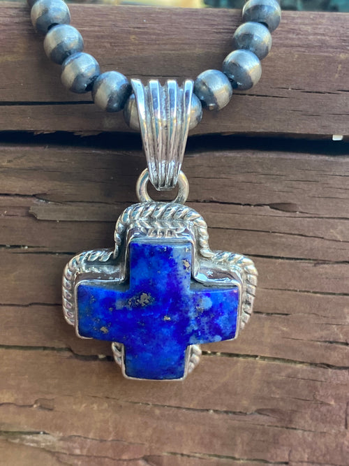 Handmade Lapis & Sterling Silver Cross Pendant