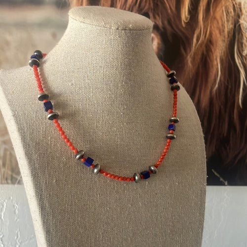 Handmade Beaded Coral, Lapis & Sterling Silver Necklace