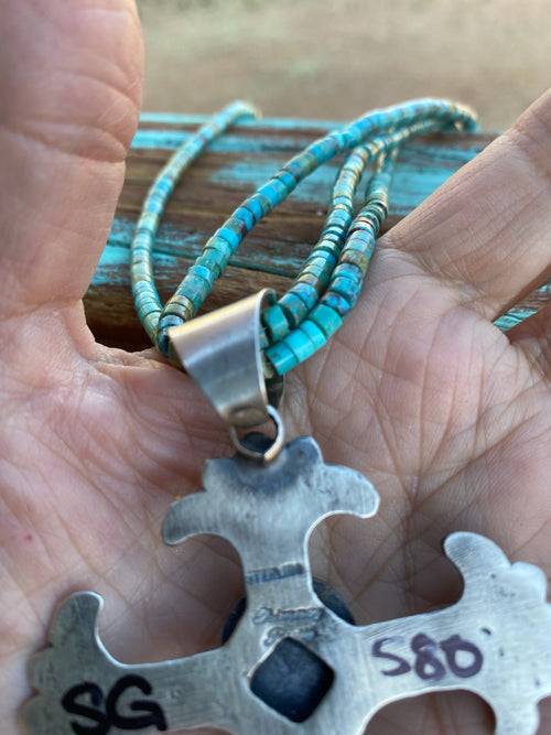 Navajo Sonoran Mountain Turquoise & Sterling Silver Cross Pendant By Chimney Butte