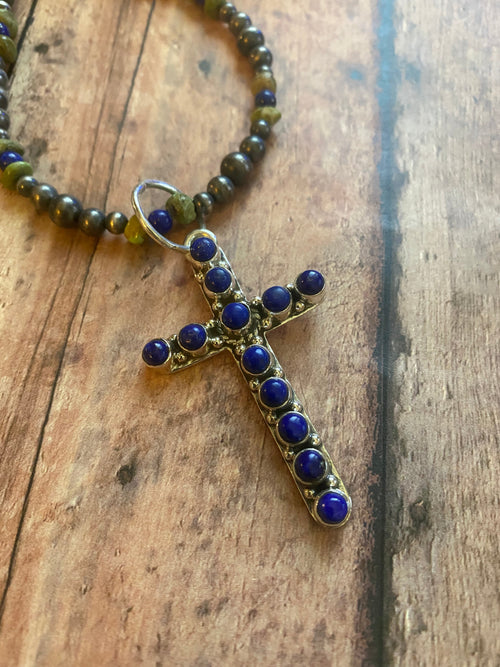 Sterling Silver & Lapis 2.5 inch Cross