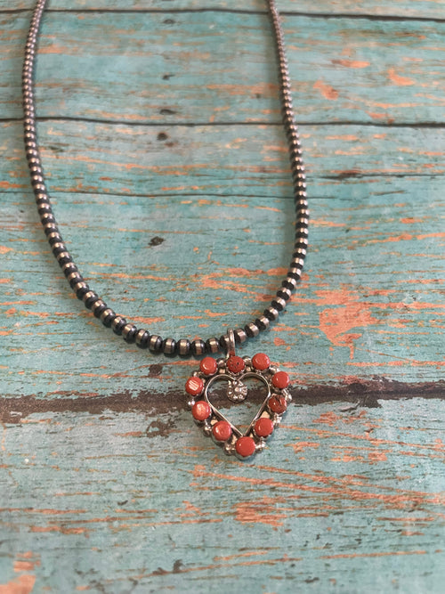 Zuni Sterling Silver & Orange Opal Heart Pendant