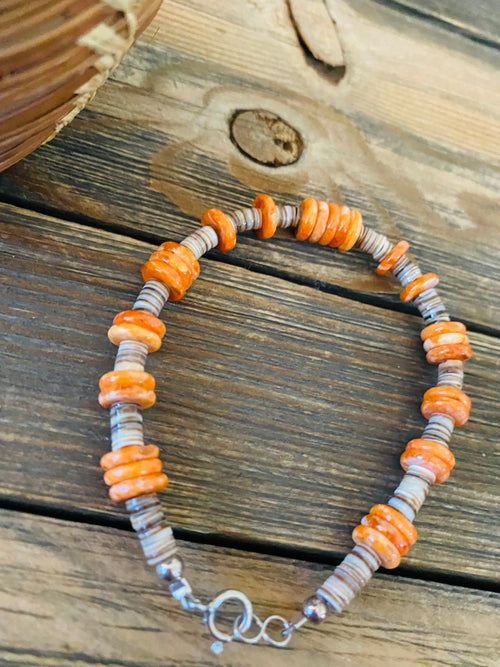 Navajo Orange Spiny, Heishi & Sterling Silver Beaded Bracelet