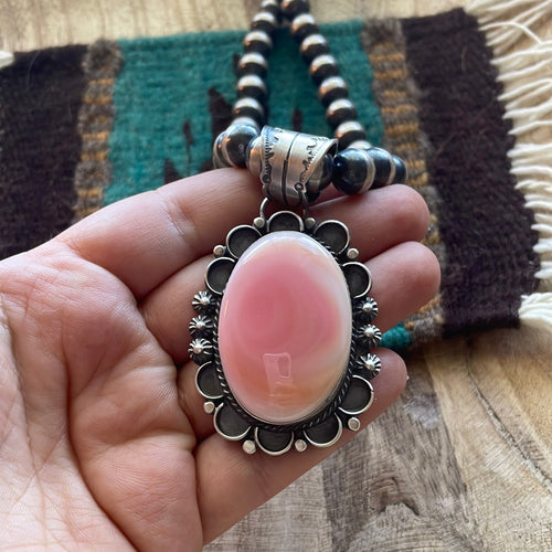 Navajo Queen Pink Conch & Sterling Silver Oval Pendant