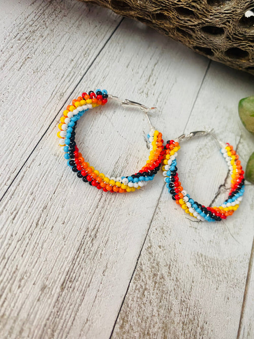 Navajo Handmade Beaded Hoop Earrings-multi color