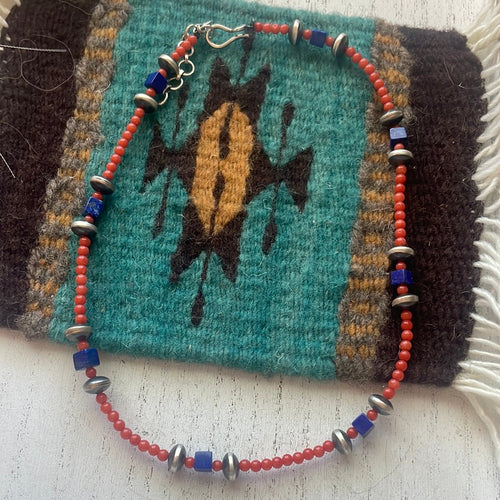 Handmade Beaded Coral, Lapis & Sterling Silver Necklace