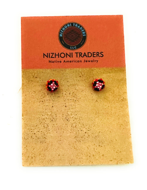 Navajo Handmade Beaded Stud Earrings- pink