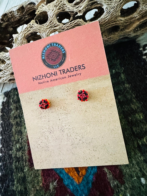 Navajo Handmade Beaded Stud Earrings- red