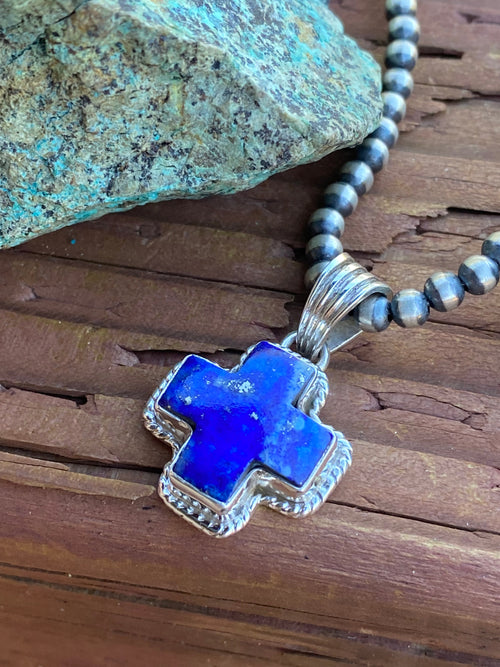 Handmade Lapis & Sterling Silver Cross Pendant