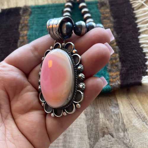 Navajo Queen Pink Conch & Sterling Silver Oval Pendant