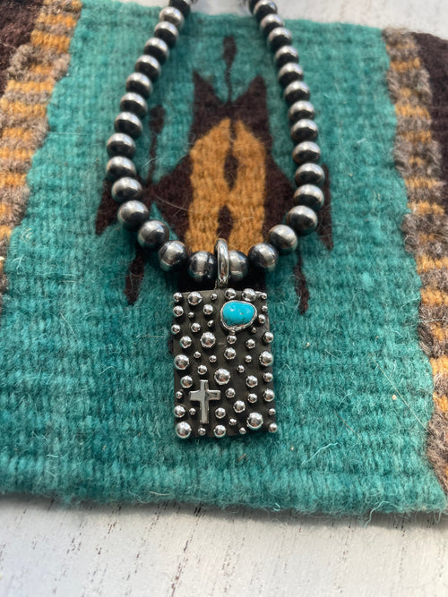 Beautiful Navajo Turquoise & Sterling Silver Cross Pendant Signed A Douglas