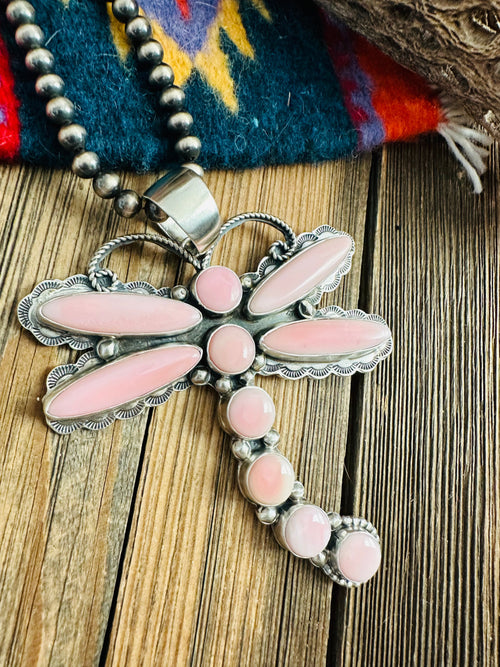 Navajo Queen Pink Conch & Sterling Silver Dragonfly Pendant By Shawn Cayatineto