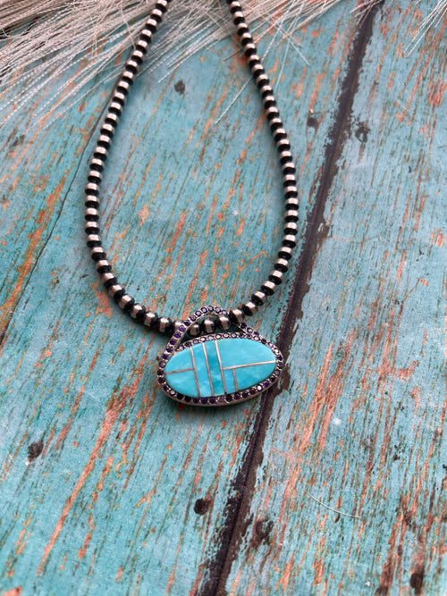 Navajo Sterling Silver & Turquoise Inlay Pendant