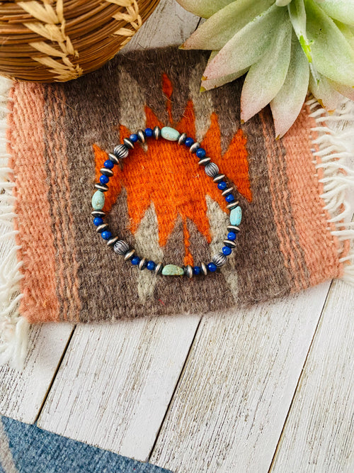 Handmade Turquoise, Lapis & Sterling Silver Beaded Stretch Bracelet