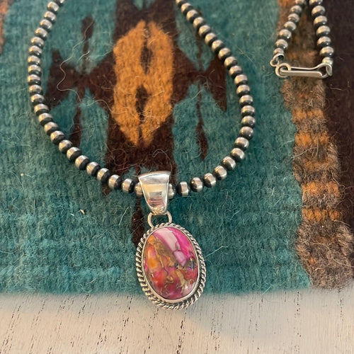 Navajo Handmade Sterling Silver & Pink Dream Mojave Pendant Signed T Skeets