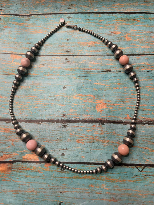 Navajo Rhodonite And Sterling Silver Beaded Necklace 18inch