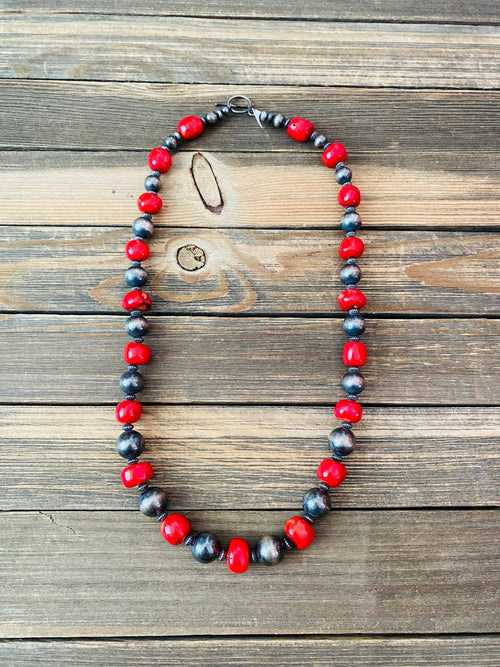 Navajo Coral & Sterling Silver Pearl Beaded Necklace