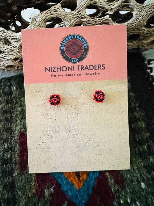 Navajo Handmade Beaded Stud Earrings- red