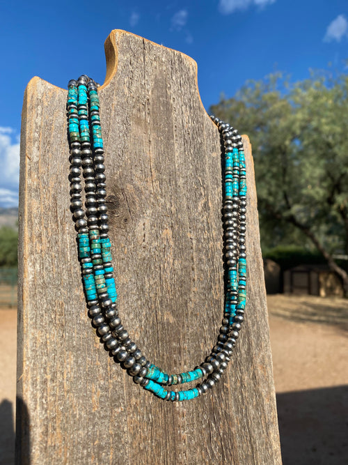 Navajo 3 Strand Kingman Turquoise & Sterling Beaded 18 inches