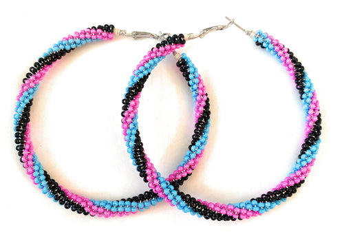 Navajo Handmade Beaded Hoop Earrings- pink/blue