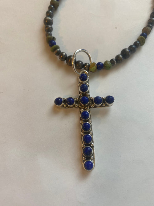 Sterling Silver & Lapis 2.5 inch Cross