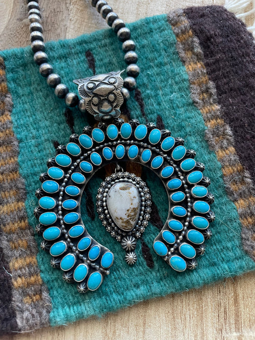 Navajo Sterling Silver, Turquoise & White Buffalo Naja Pendant Signed