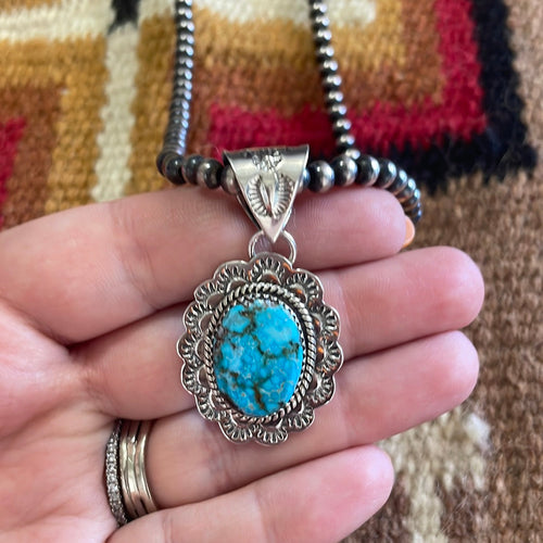 Handmade Sterling Silver & Kingman Web Turquoise Pendant Signed Nizhoni