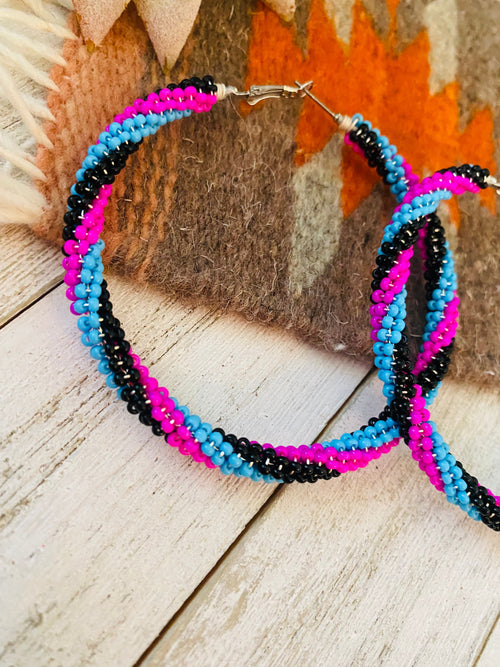 Navajo Handmade Beaded Hoop Earrings- pink/blue