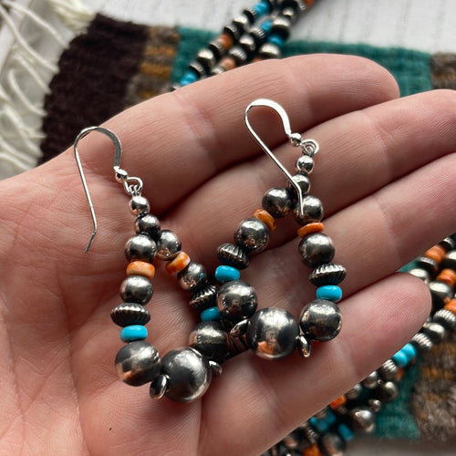 Navajo Beaded Turquoise, Spiny, & Sterling Silver Necklace Earrings Set Signed