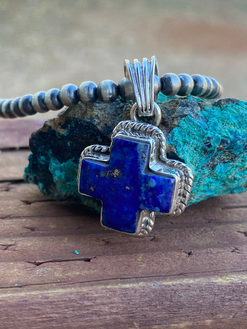 Handmade Lapis & Sterling Silver Cross Pendant